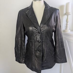 Nine West Women's Black Leather Blazer Jacket with Notch Lapel
